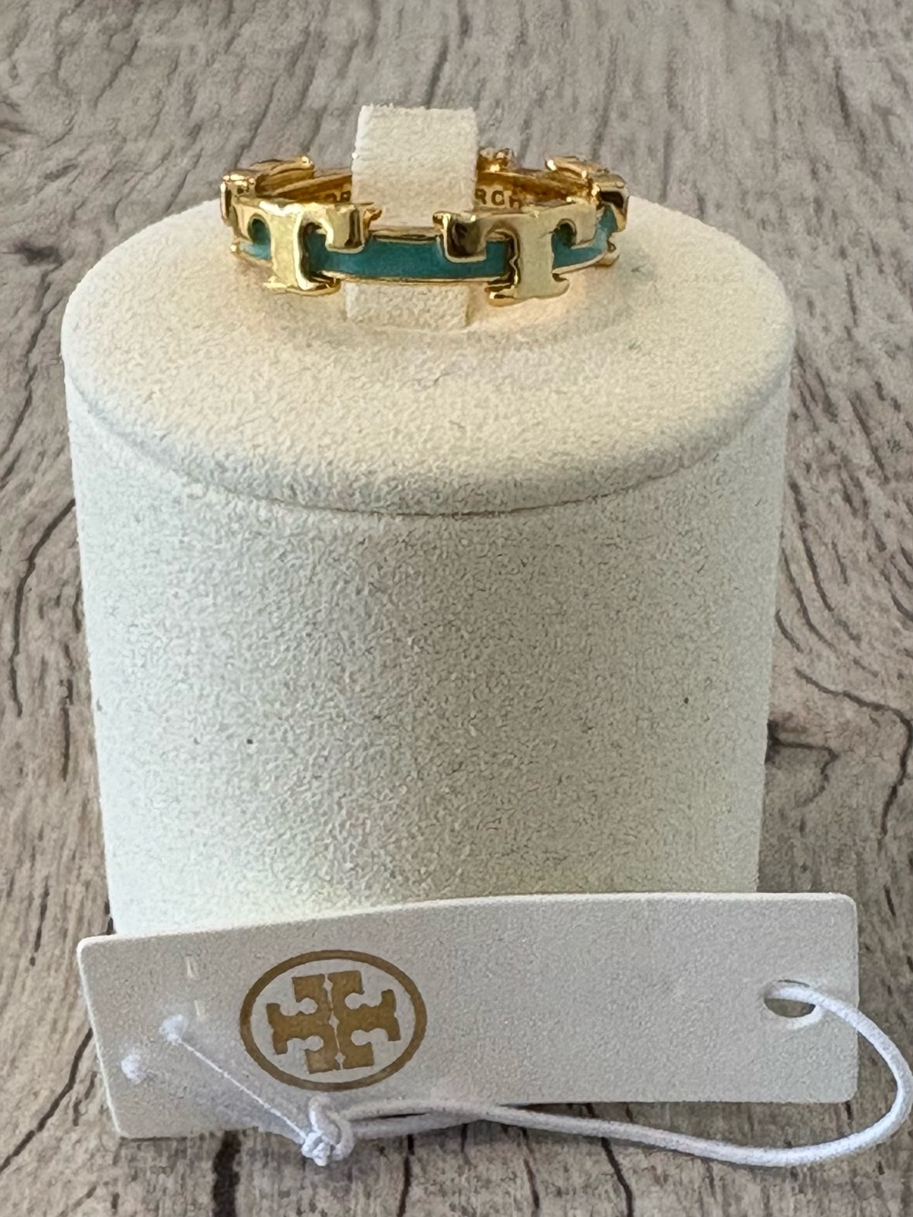 Tory Burch Gold and Turquoise Enamel Logo Ring
